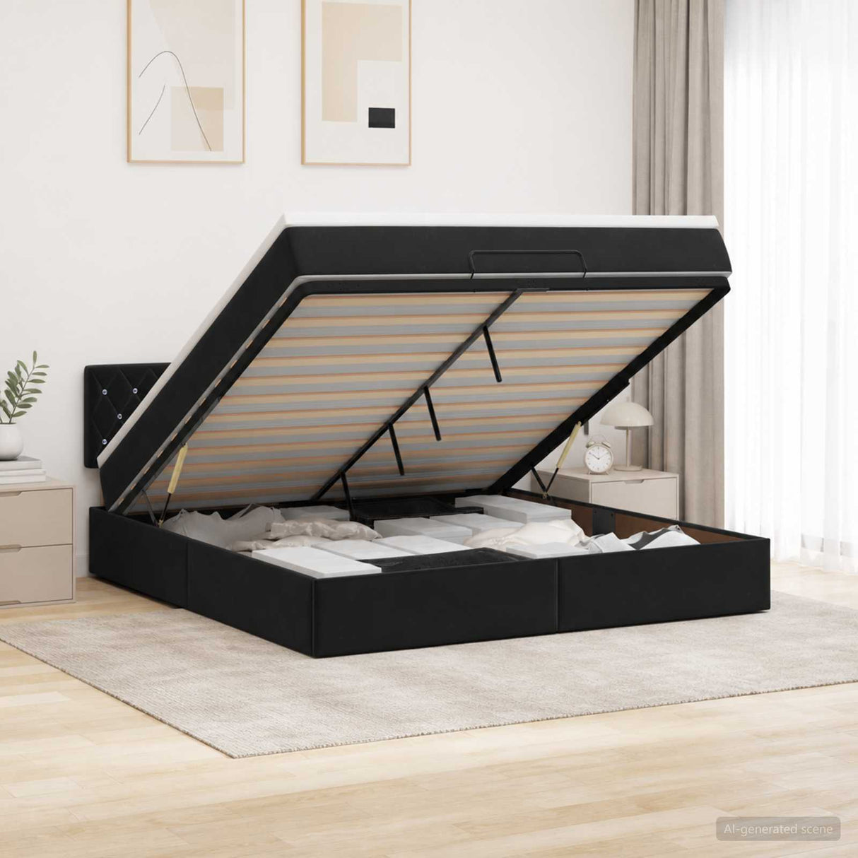 Ottoman Bed with Mattress Black 152 x 203 cm Velvet