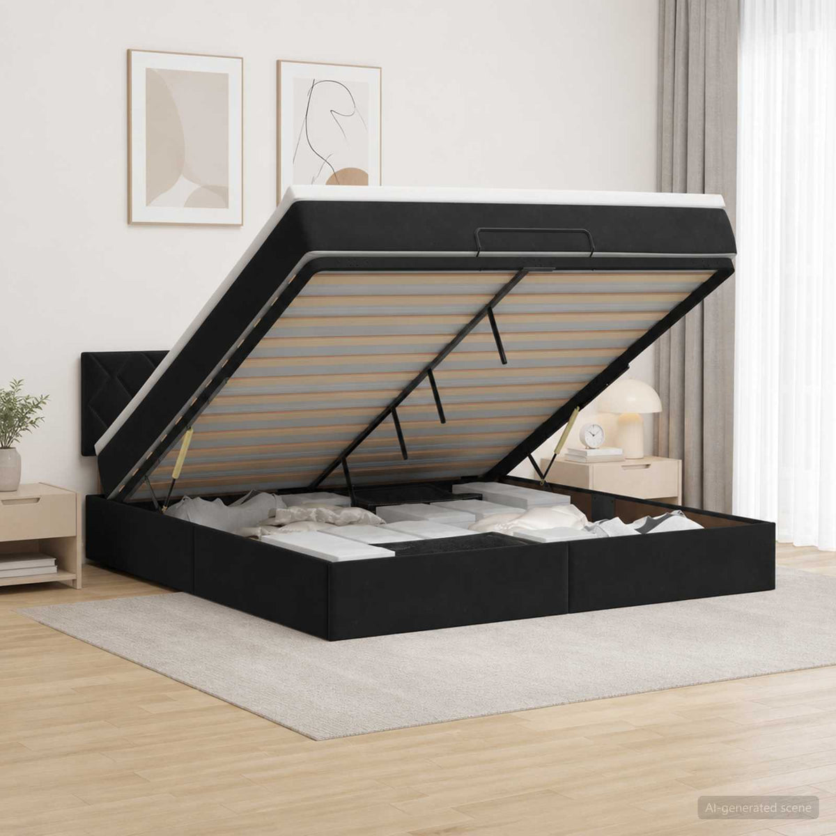 Ottoman Bed with Mattress Black 137 x 190 cm Velvet