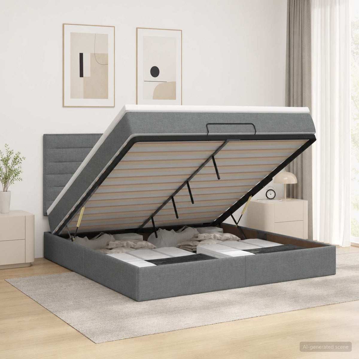 Ottoman Bed with Mattress and LED Dark Grey Queen Fabric
