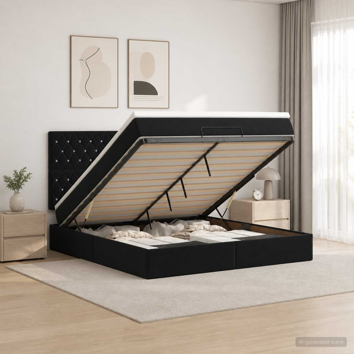 Ottoman Bed with Mattress Black 152 x 203 cm Velvet