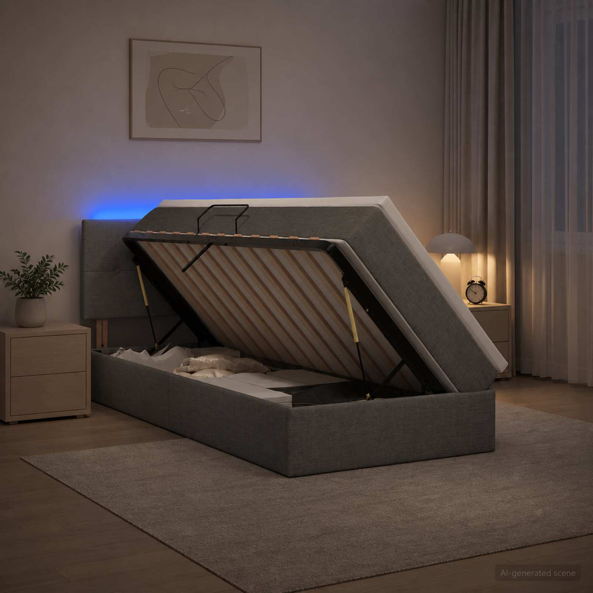 LED Storage Bed with Mattress Dark Grey 100 x 200 cm Fabric