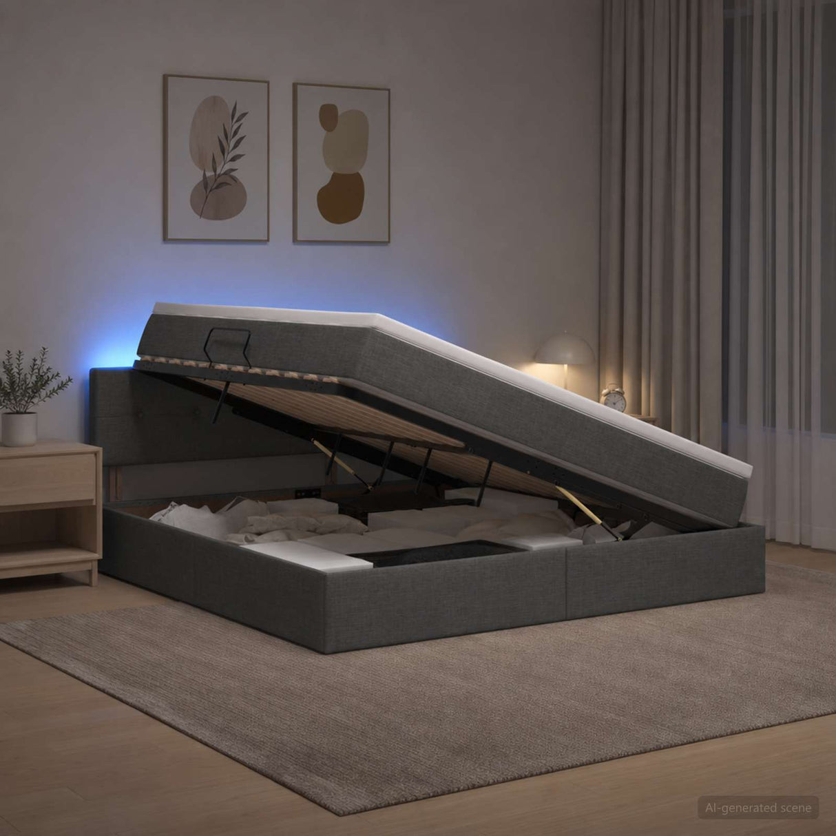 LED Storage Bed with Mattress Dark Grey 160 x 200 cm Fabric