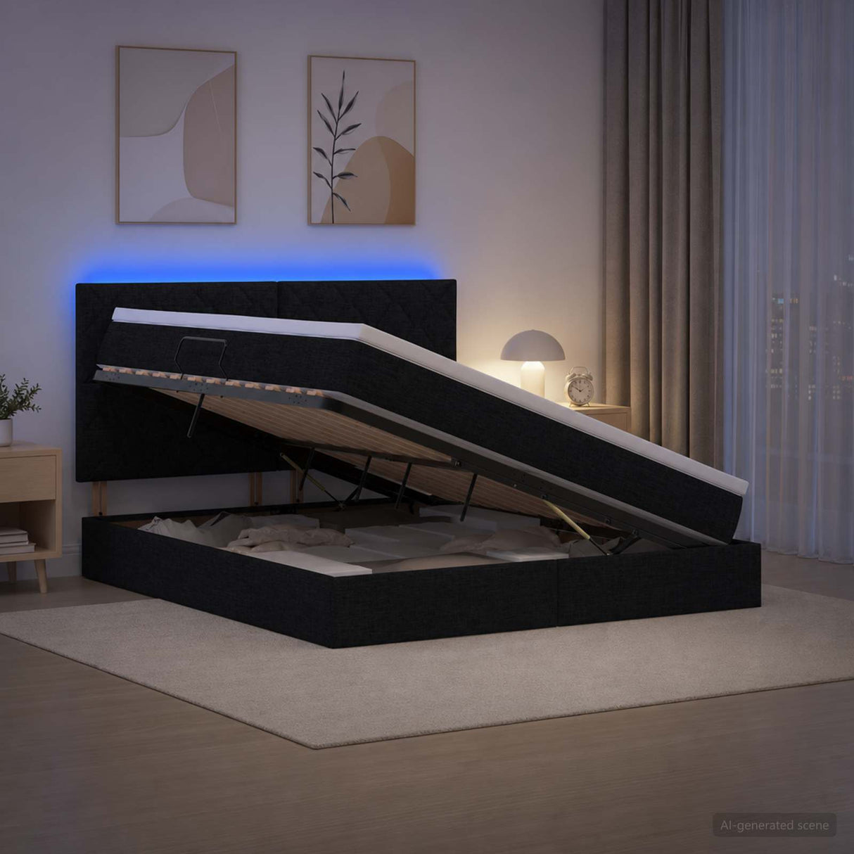 Ottoman Bed with Mattress and LED Black Double Velvet