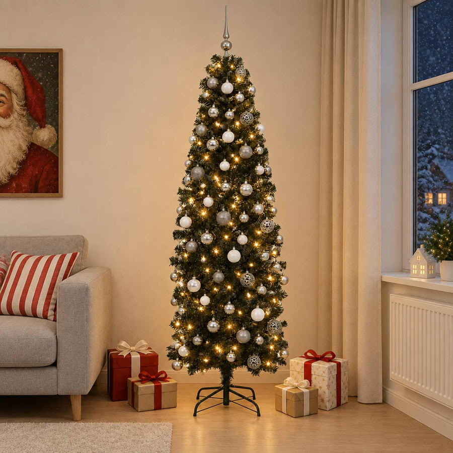 Artificial Slim Christmas Tree with Bauble 240 cm 300 LEDs