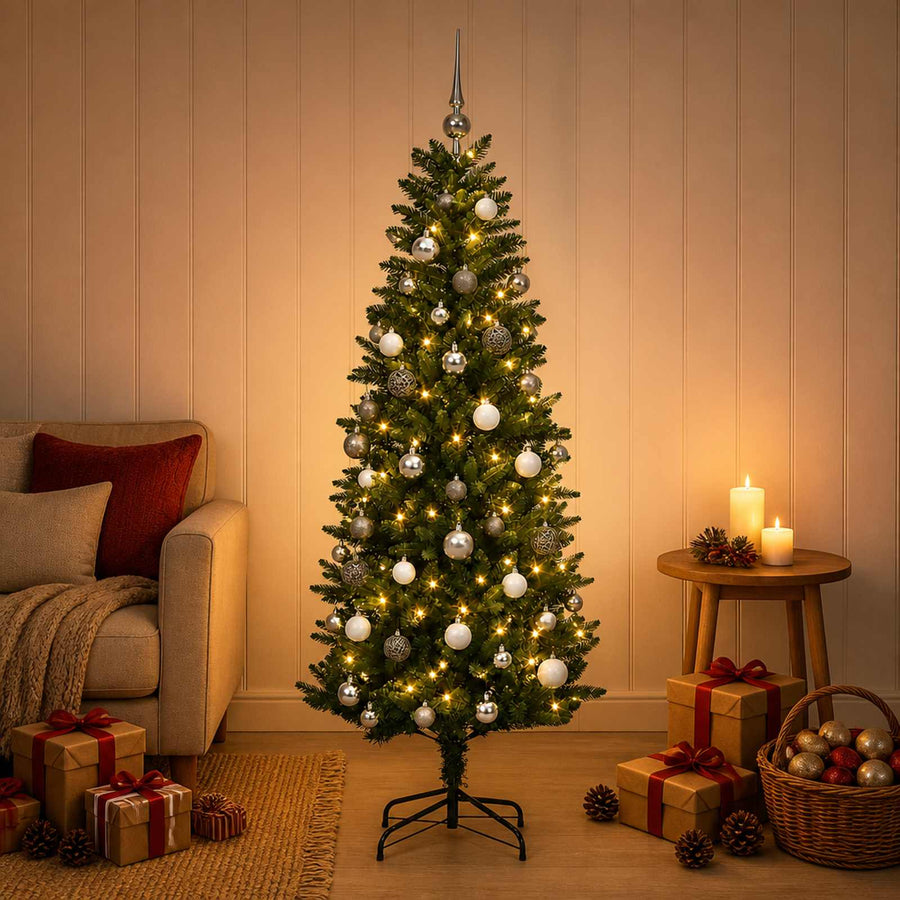 Artificial Hinged Christmas Tree with Baubles 150 cm 150 LEDs