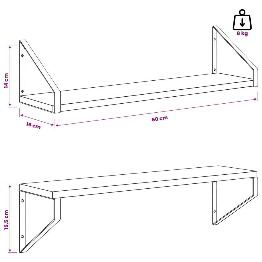 Wall Shelves 2 pcs White 60 x 16 x 15.5 cm