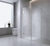 90x80cm Corner Frameless Shower Screen with Gunmetal U-Brackets and Floor U-Bracket and Brass Hinges, Square Double Pull Handle