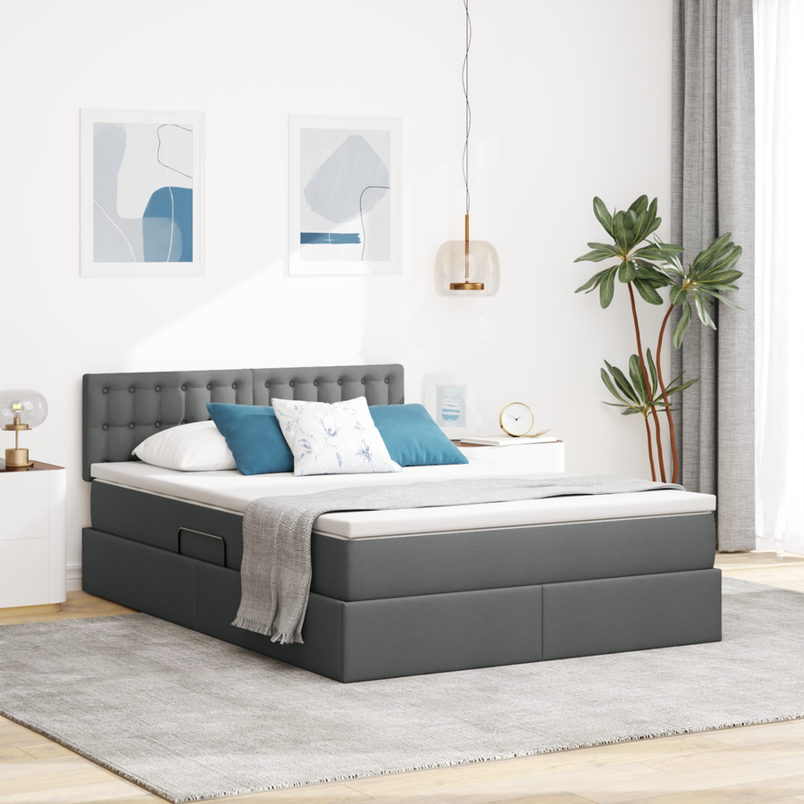 LED Storage Bed with Mattress Dark Grey 137 x 190 cm Fabric