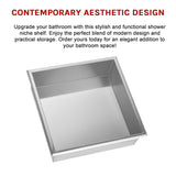 336 x 336 x 101mm Shower Niche Single Shelf Organizer No Tile Needed in Stainless Steel Finish