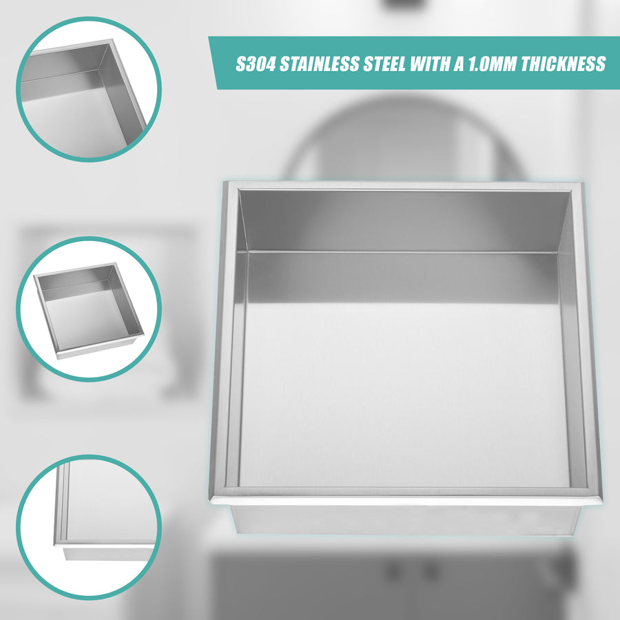 336 x 336 x 101mm Shower Niche Single Shelf Organizer No Tile Needed in Stainless Steel Finish