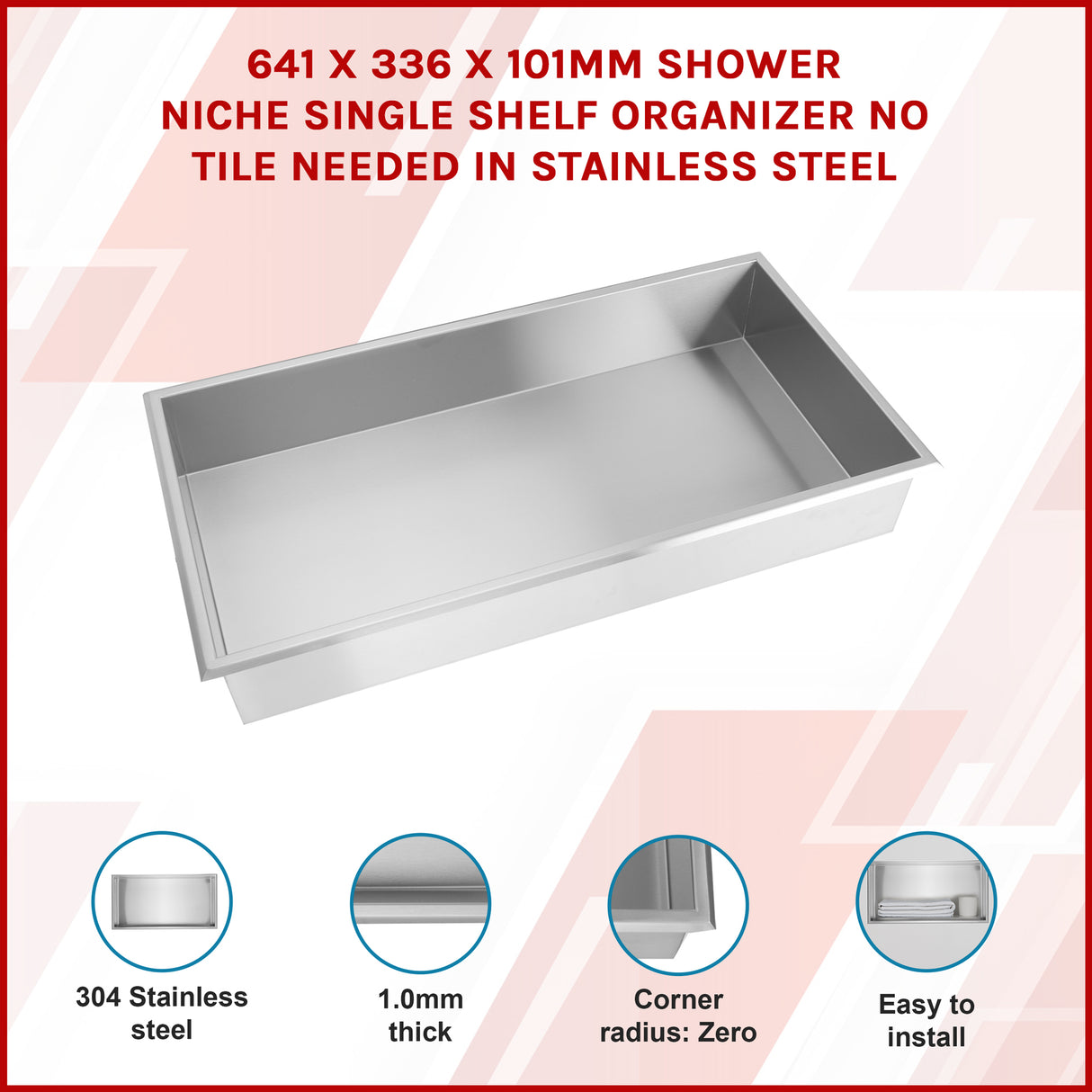 641 x 336 x 101mm Shower Niche Single Shelf Organizer No Tile Needed in Stainless Steel