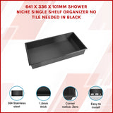 641 x 336 x 101mm Shower Niche Single Shelf Organizer No Tile Needed in Black - Front View