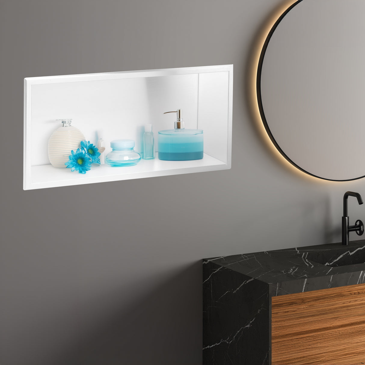 641 x 336 x 101mm Shower Niche Single Shelf Organizer No Tile Needed in White