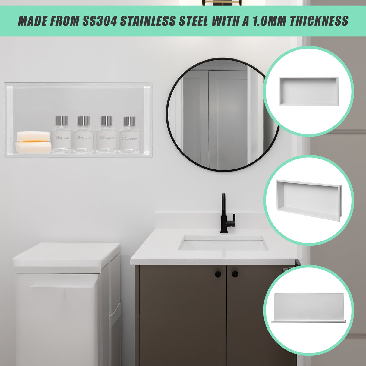 641 x 336 x 101mm Shower Niche Single Shelf Organizer No Tile Needed in White