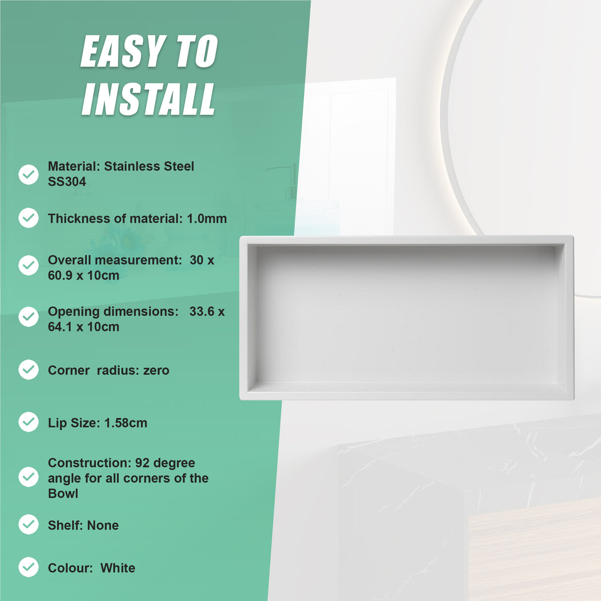 641 x 336 x 101mm Shower Niche Single Shelf Organizer No Tile Needed in White