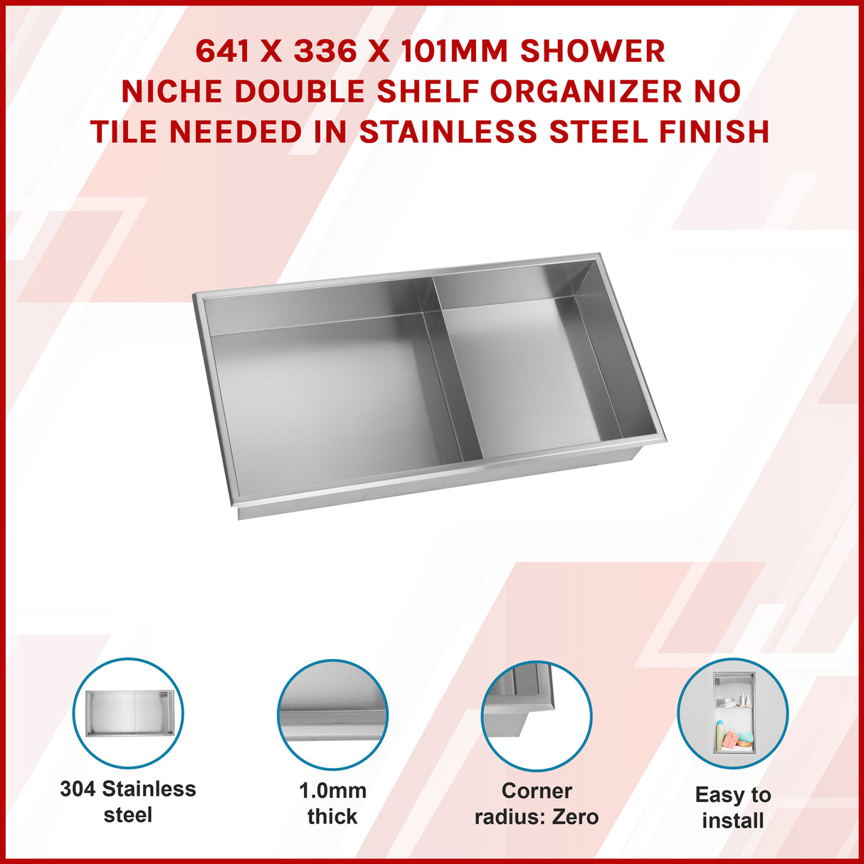 641 x 336 x 101mm Shower Niche Double Shelf Organizer No Tile Needed in Stainless Steel Finish