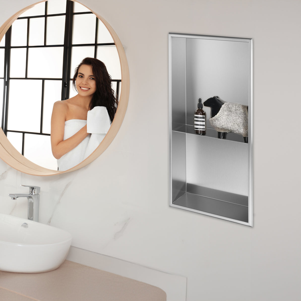641 x 336 x 101mm Shower Niche Double Shelf Organizer No Tile Needed in Stainless Steel Finish