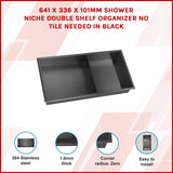 641 x 336 x 101mm Shower Niche Double Shelf Organizer No Tile Needed in Black - Front View