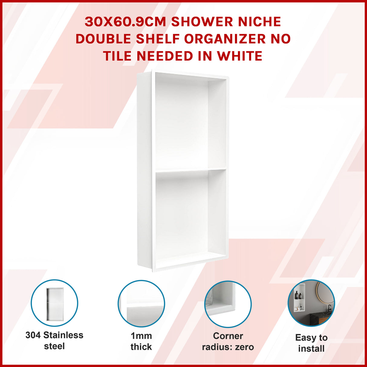 641 x 336 x 101mm Shower Niche Double Shelf Organizer No Tile Needed in White