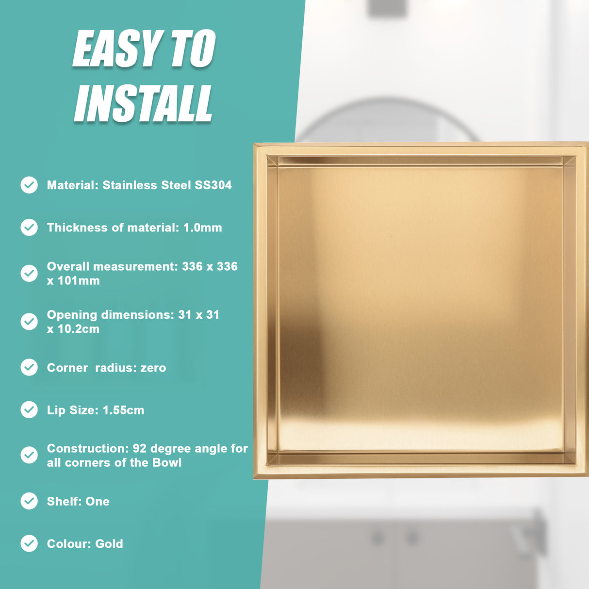 336 x 336 x 101mm Shower Niche Single Shelf Organizer No Tile Needed in Gold