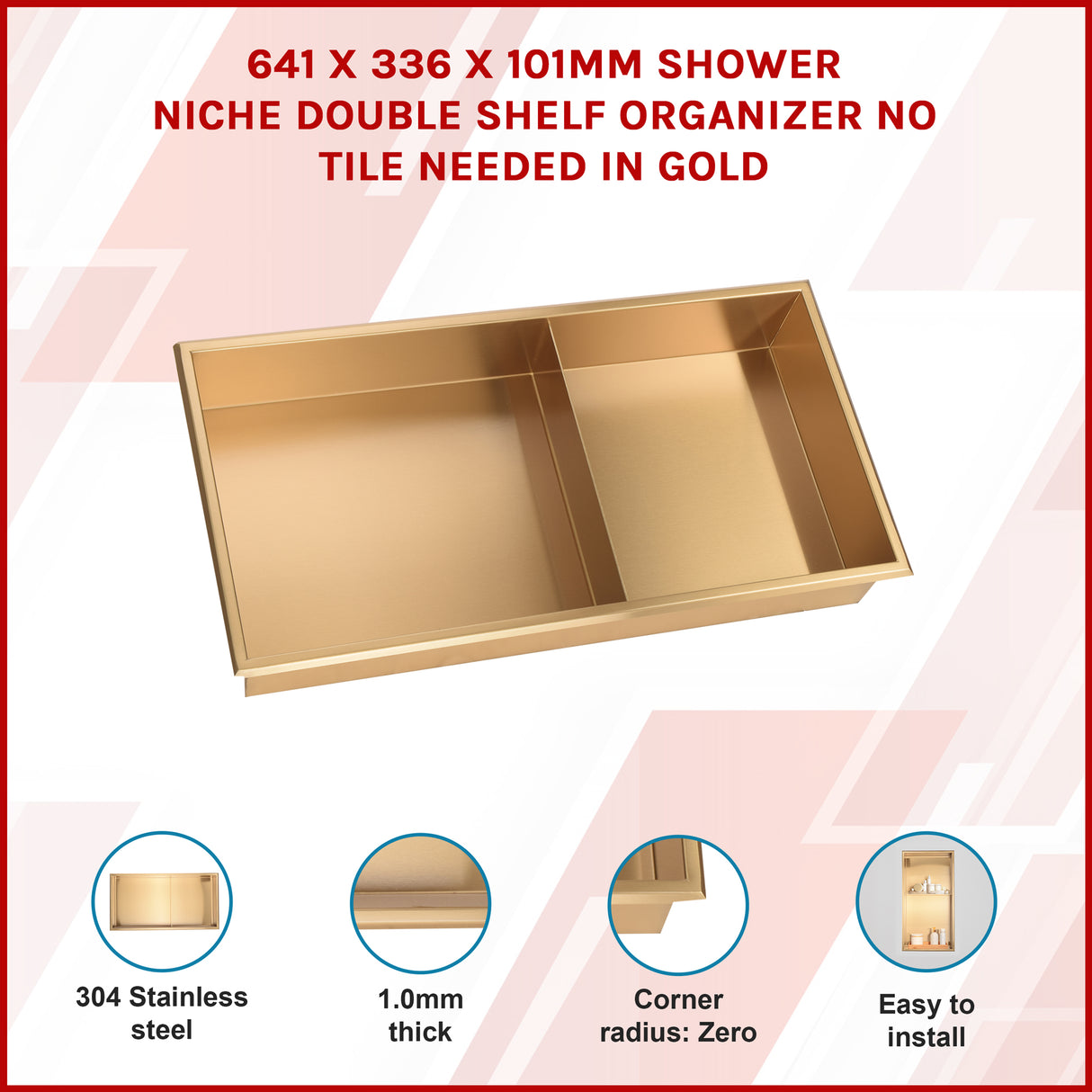 641 x 336 x 101mm Shower Niche Double Shelf Organizer No Tile Needed in Gold