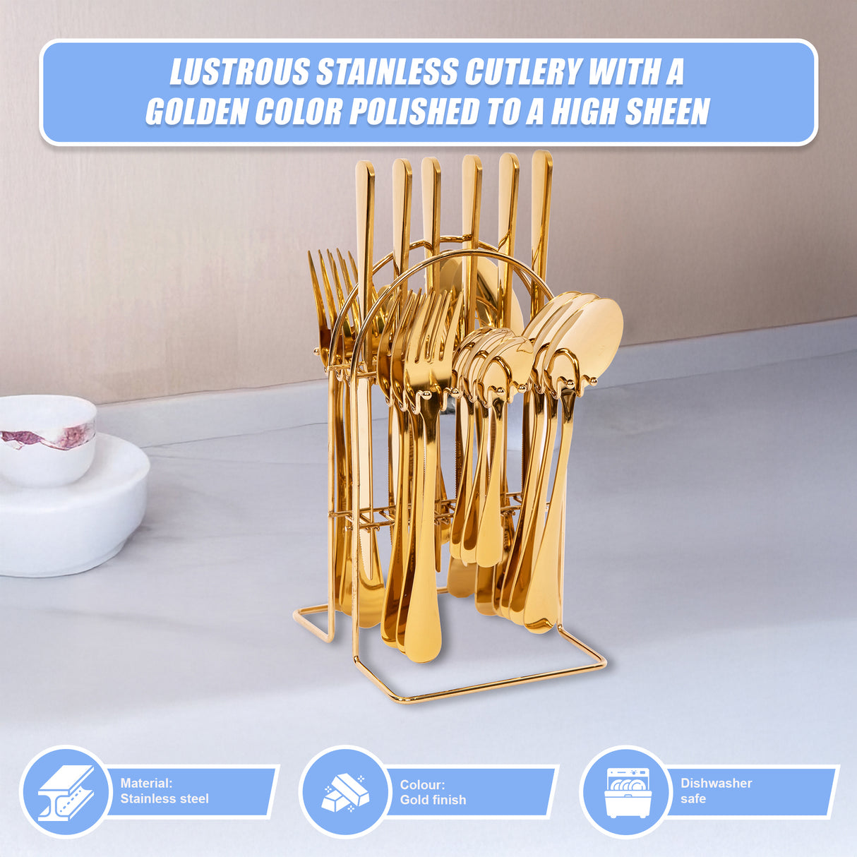 Tableware 24PC Gold Cutlery Set SS304 Household Knife Fork Spoon Kitchen with Storage Rack Dinner Service