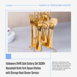 Tableware 24PC Gold Cutlery Set SS304 Household Knife Fork Spoon Kitchen with Storage Rack Dinner Service - Extra Image