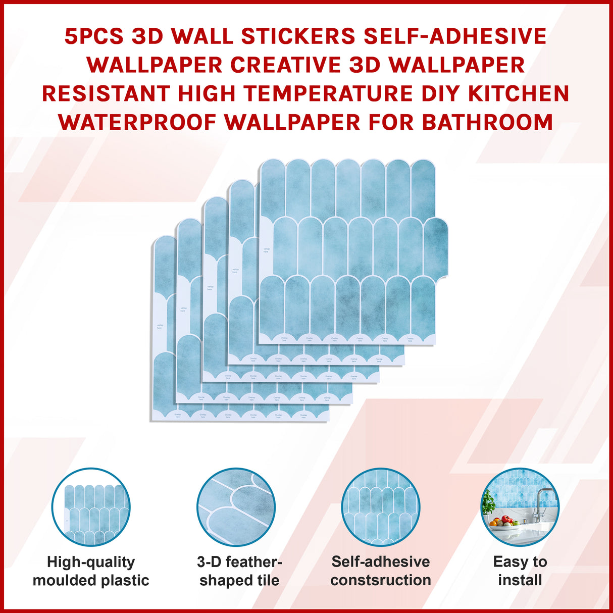 5pcs 3D Wall Stickers Self-adhesive Wallpaper Resistant High Temperature
