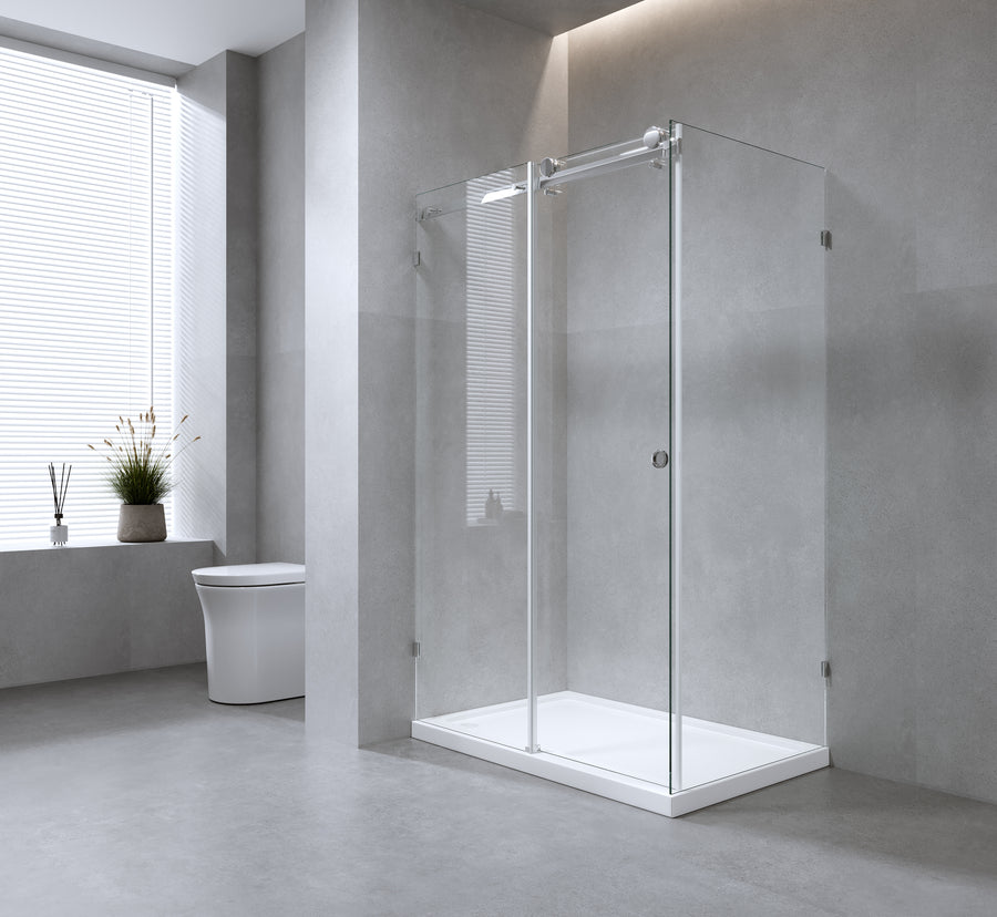 170x90cm Frameless Glass Sliding Corner Shower &ndash; With Gunmetal Rail and Wall Channel for Contemporary Bathrooms