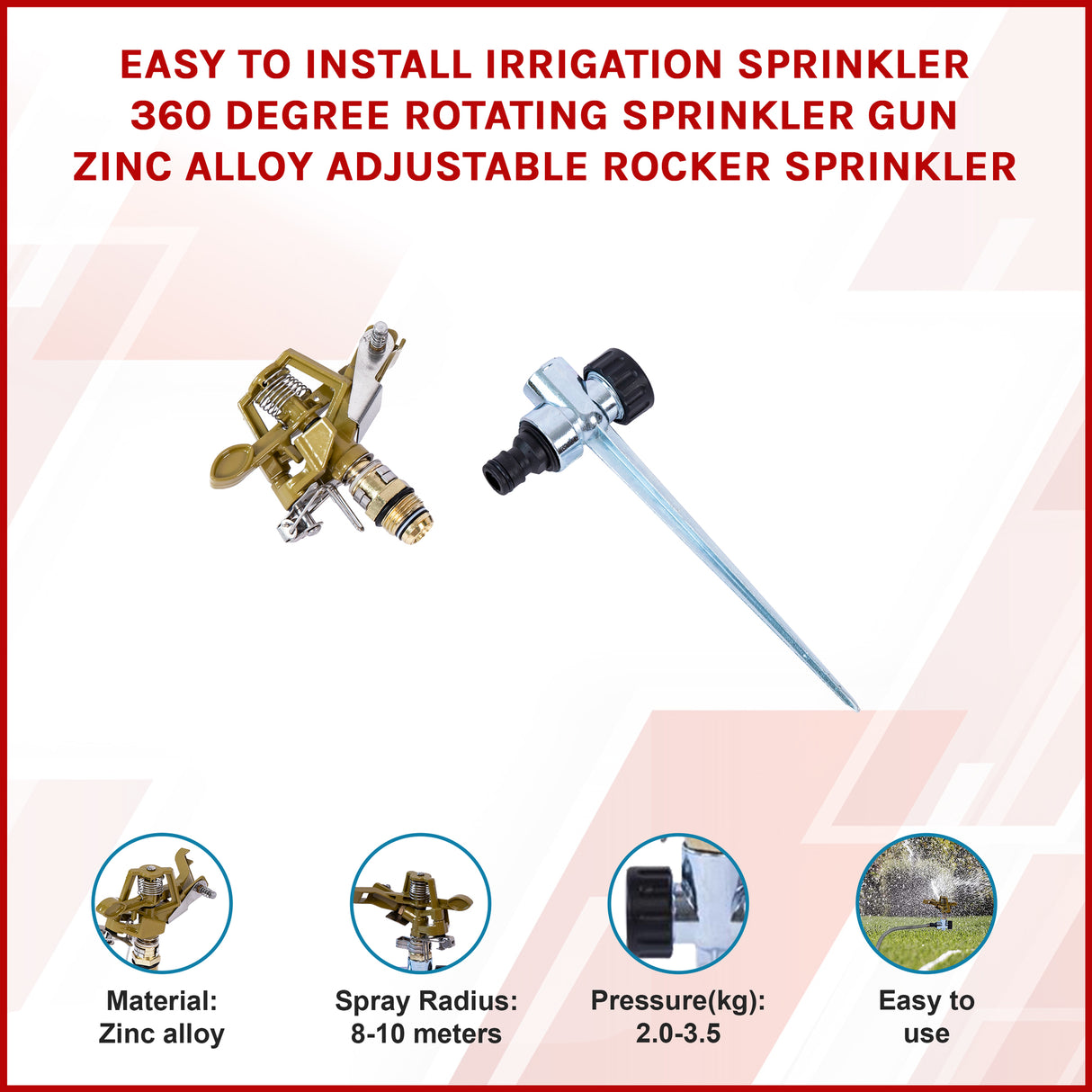 Easy to Install Irrigation Sprinkler 360 Degree Rotating Sprinkler Gun Zinc Alloy Adjustable Rocker Sprinkler