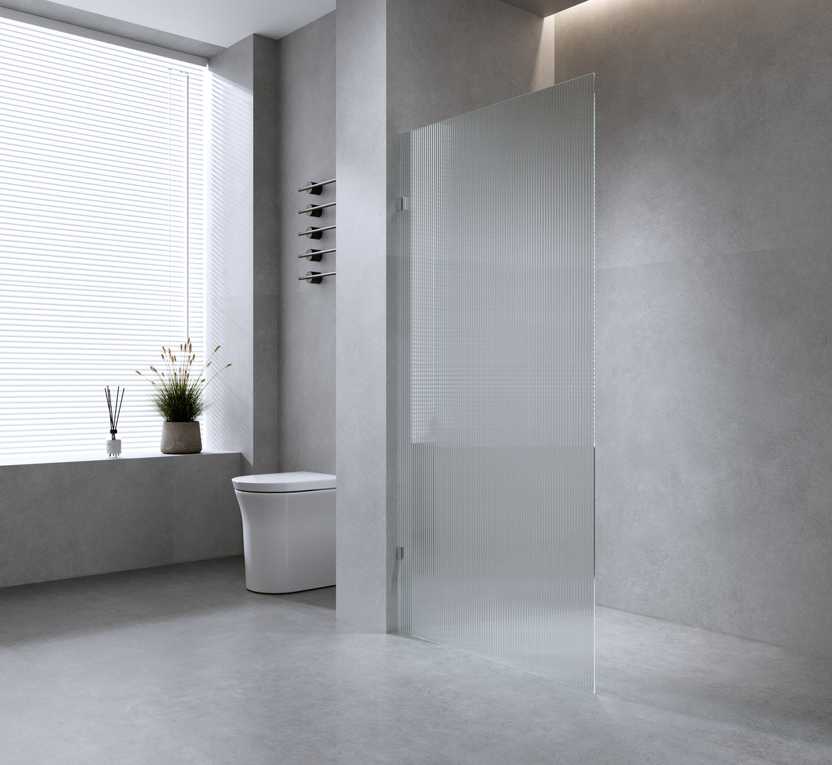 100cm Reeded Glass Shower Screen with Gold F-Brackets and Round Pole