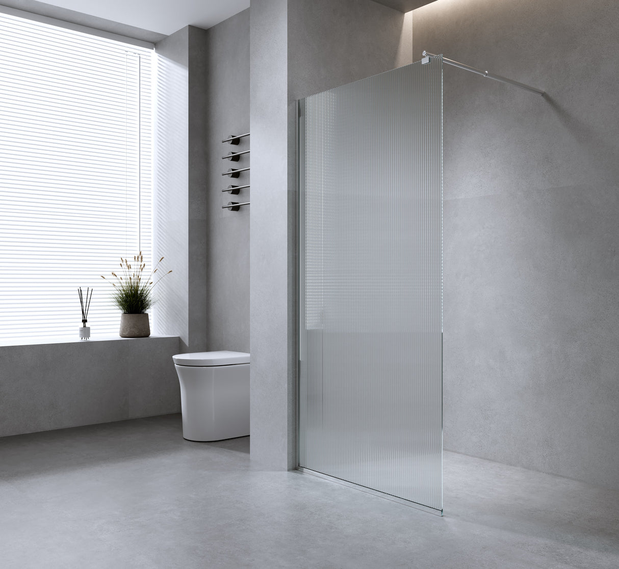 90cm Reeded Glass Shower Screen with Nickel Wall Channel and Round Pole