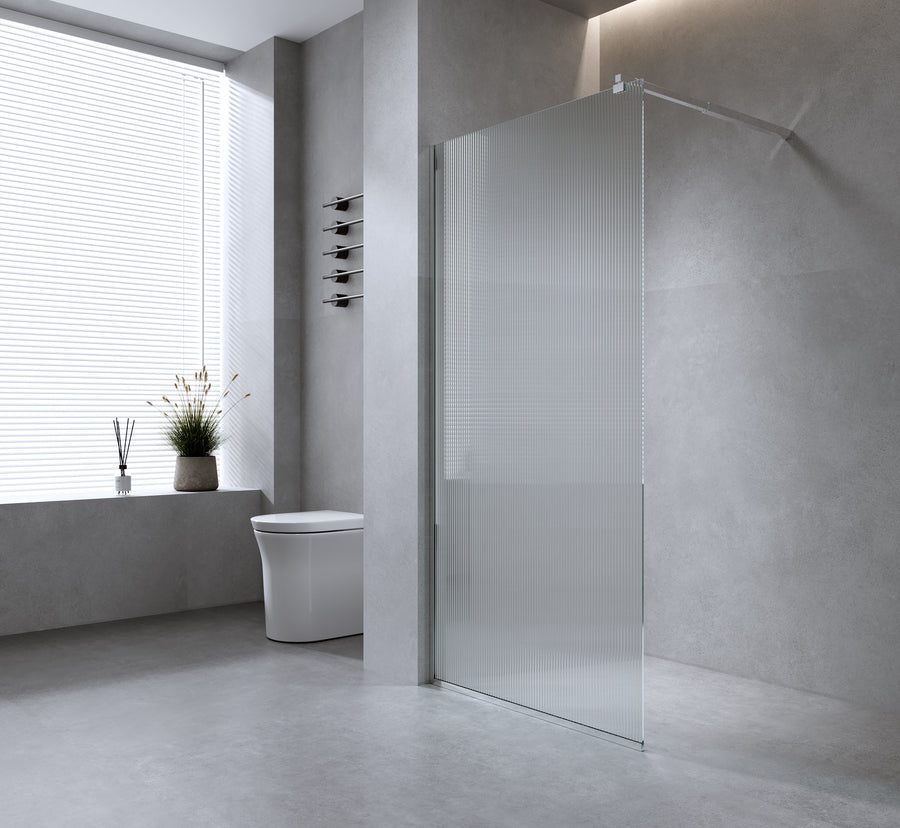 100cm Reeded Glass Shower Screen with White Wall Channel and Square Pole