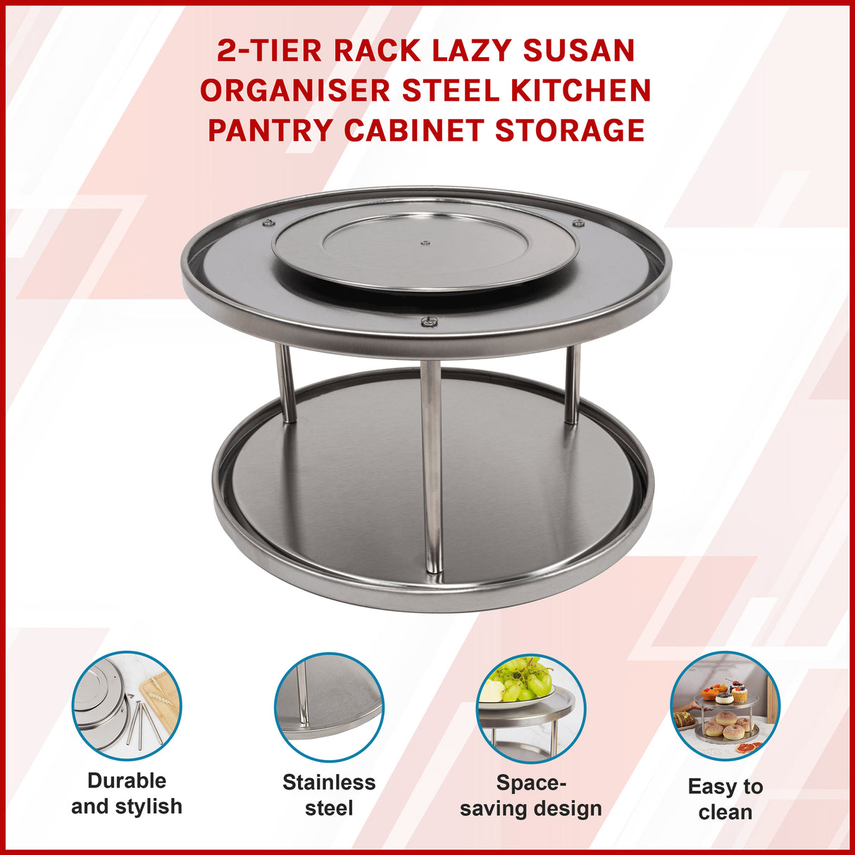 2-Tier Rack Lazy Susan Organiser Steel Kitchen Pantry Cabinet Storage