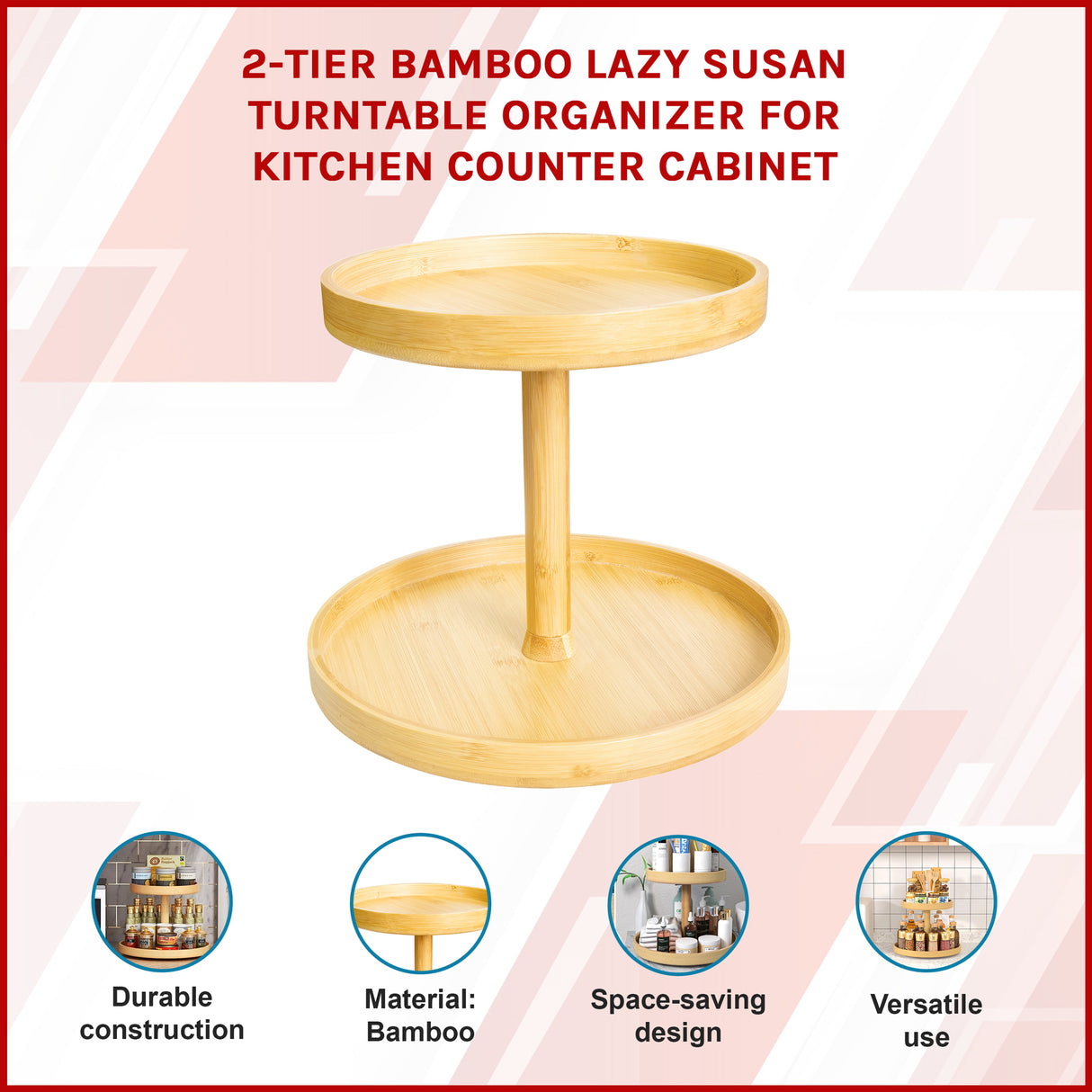 2-Tier Bamboo Lazy Susan Turntable Organizer for Kitchen Counter Cabinet