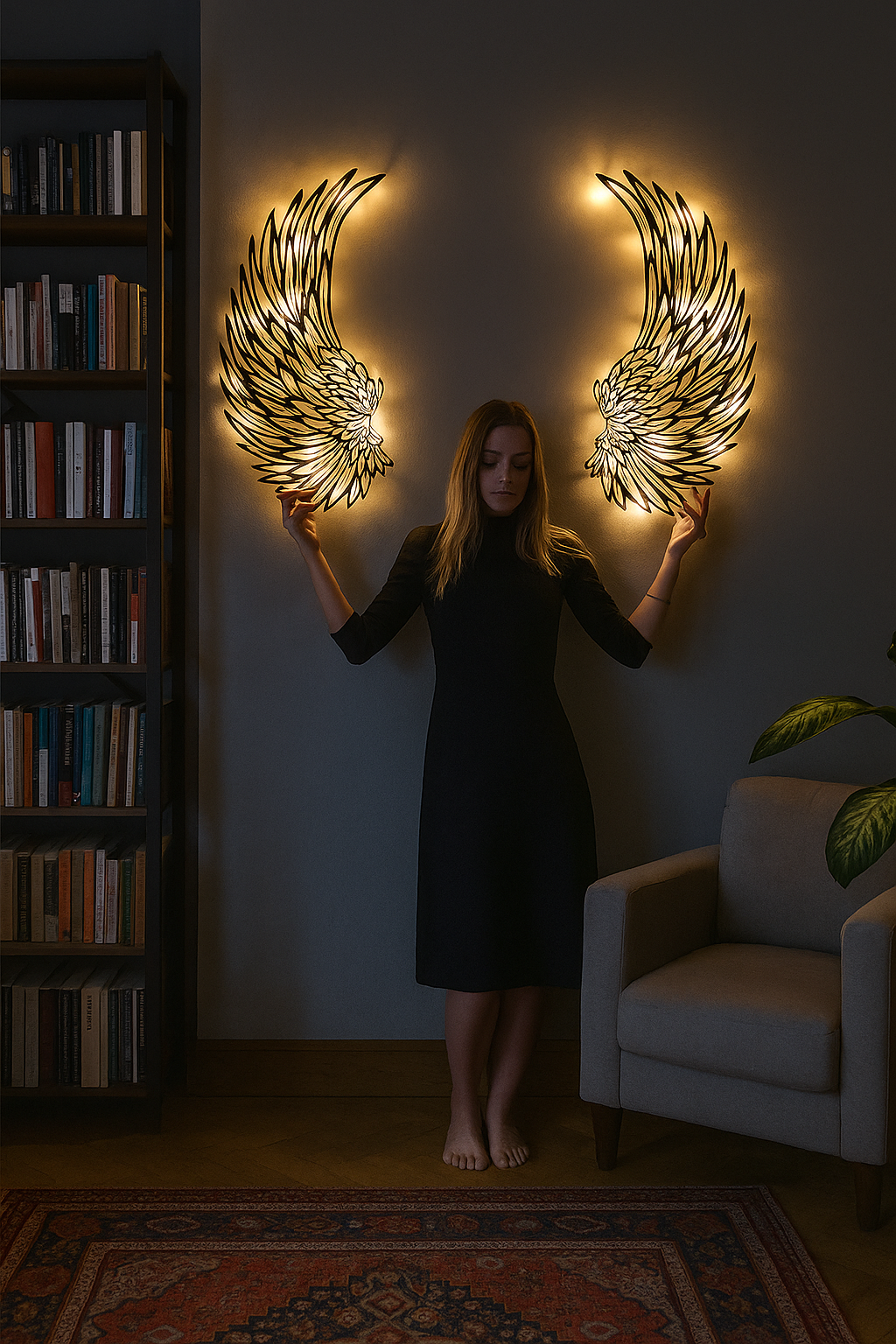 LED Angel Wing Metal Wall Art Wrought Iron Wings Sculpture Fairy Lights