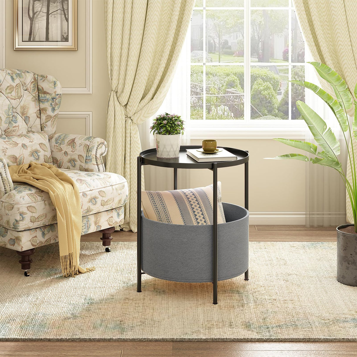 Round Side Table Bedside Storage Basket