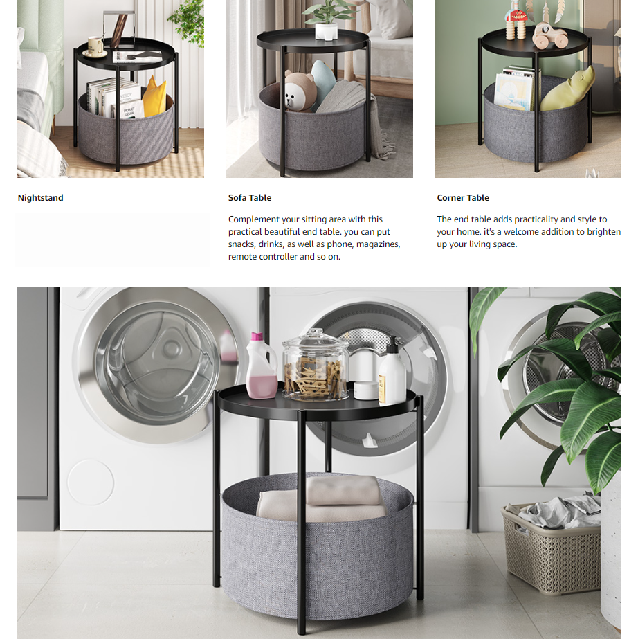 Round Side Table Bedside Storage Basket