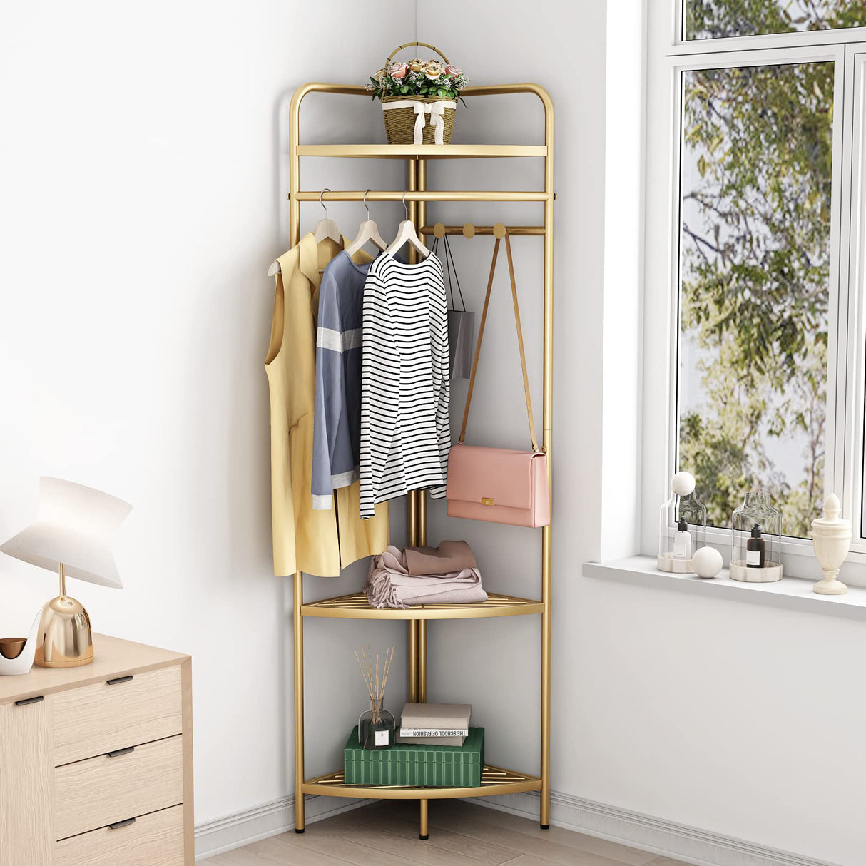 Corner Gold Clothing Rack &ndash; Stylish Clothes Storage Stand for Bedroom & Wardrobe