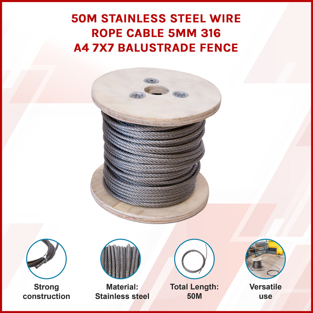 50m Stainless Steel Wire Rope Cable 5mm 316 A4 7x7 Balustrade Fence