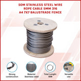 50m Stainless Steel Wire Rope Cable 5mm 316 A4 7x7 Balustrade Fence - Close-Up Angle