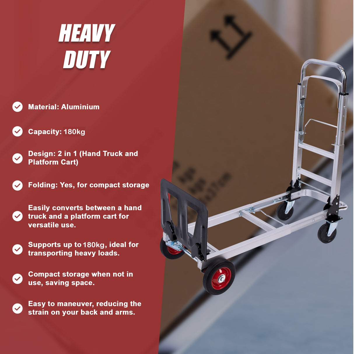 Hand Truck 2 in 1 Folding Dolly Cart 180kg Capacity Heavy Duty Aluminium