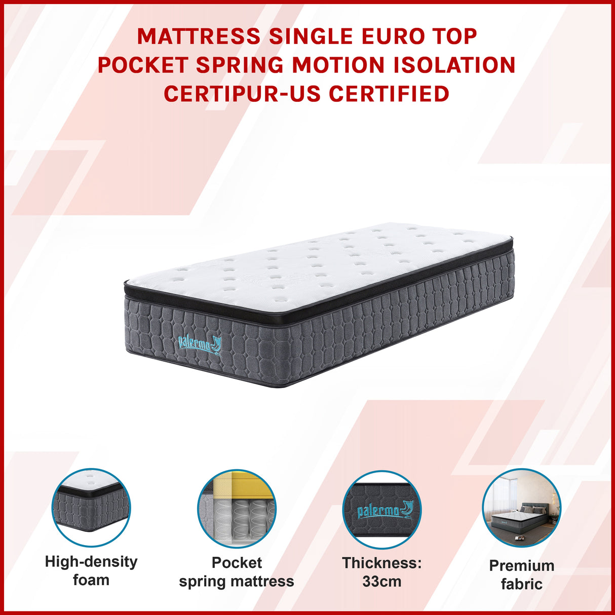 Single Euro Top Pocket Spring Mattress &ndash; Motion Isolation Comfort with CertiPUR-US&reg; Certified Foam Layers