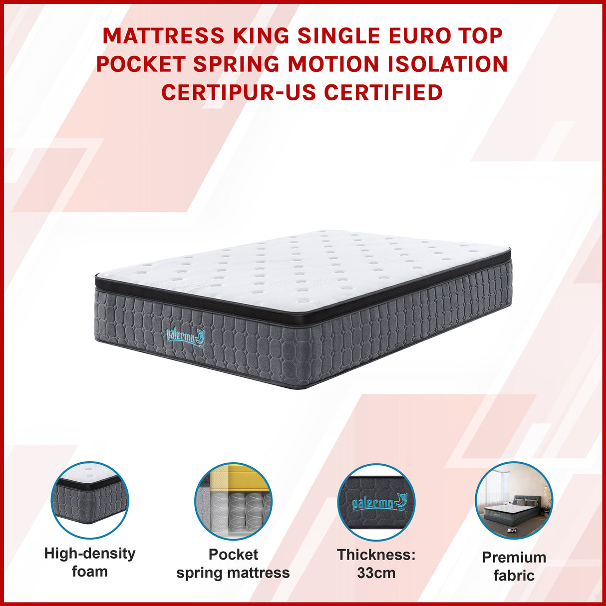 King Single Euro Top Pocket Spring Mattress &ndash; Motion Isolation Comfort with CertiPUR-US&reg; Certified Foam Layers