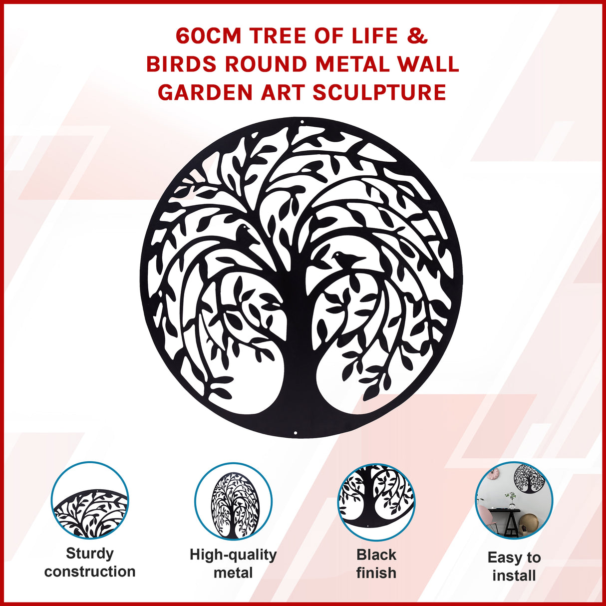 60cm Tree of Life & Birds Round Metal Wall Garden Art Sculpture