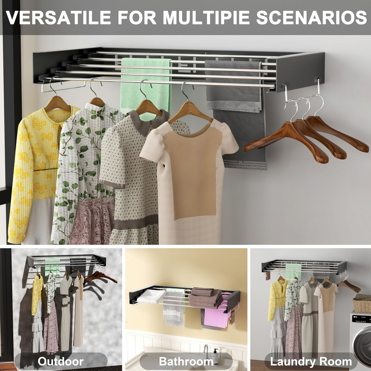Collapsible Laundry Drying Rack &ndash; Wall Mounted Clothes Airer for Indoor or Outdoor