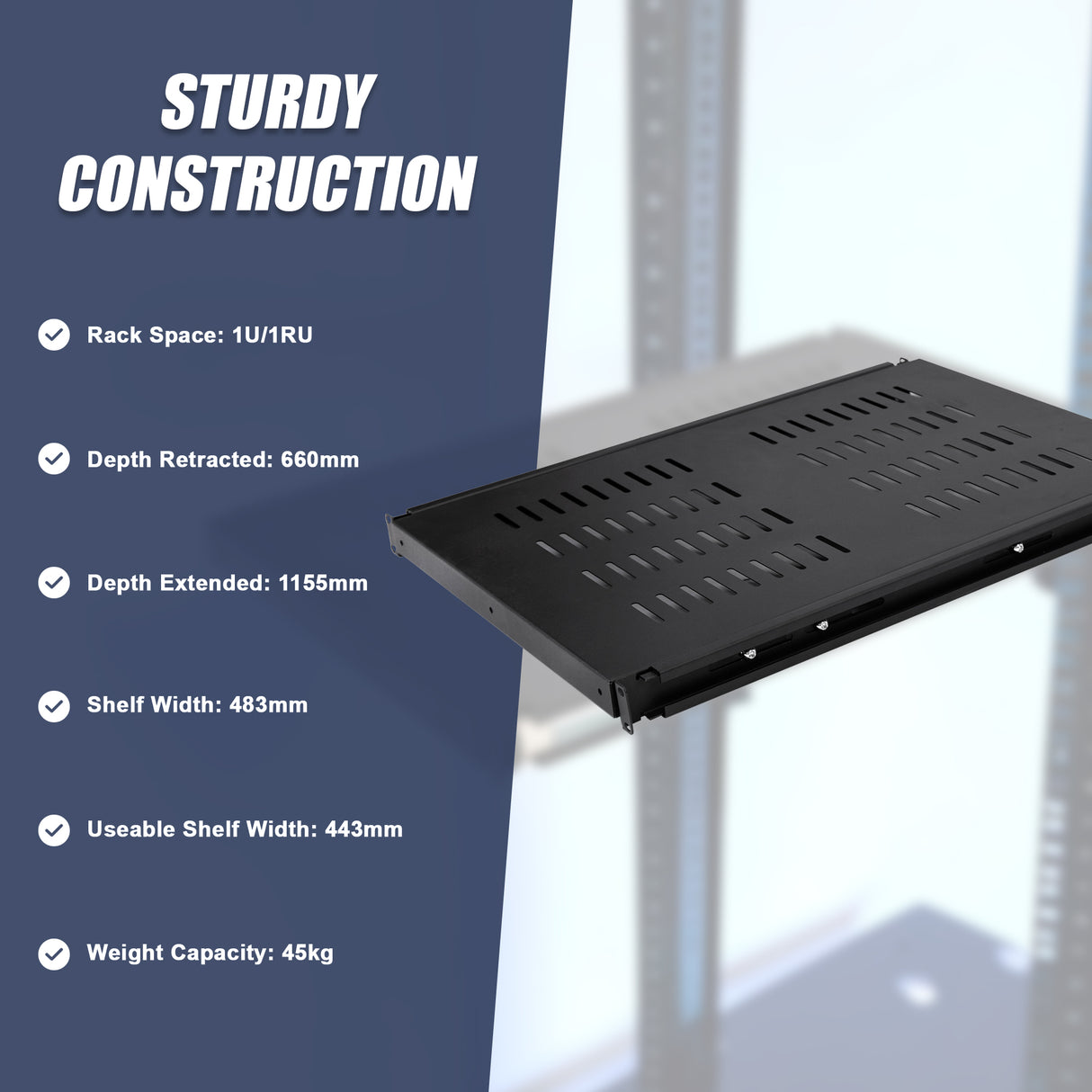 1U Sliding Server Rack Shelf 26 Inch Deep Vented for 19 Inch Cabinet