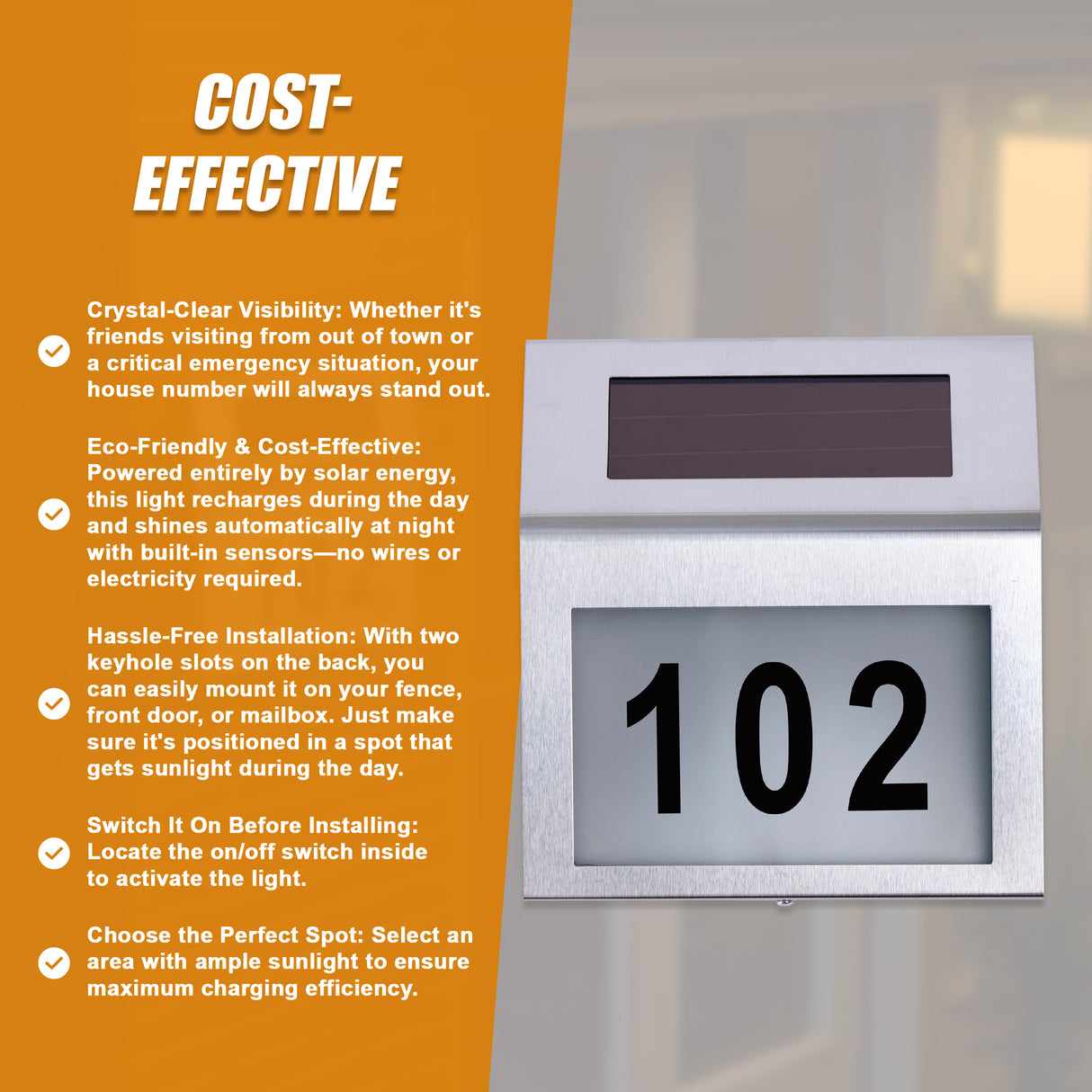 Solar Powered House Number LED Light Stainless Steel Address Signs Plaques