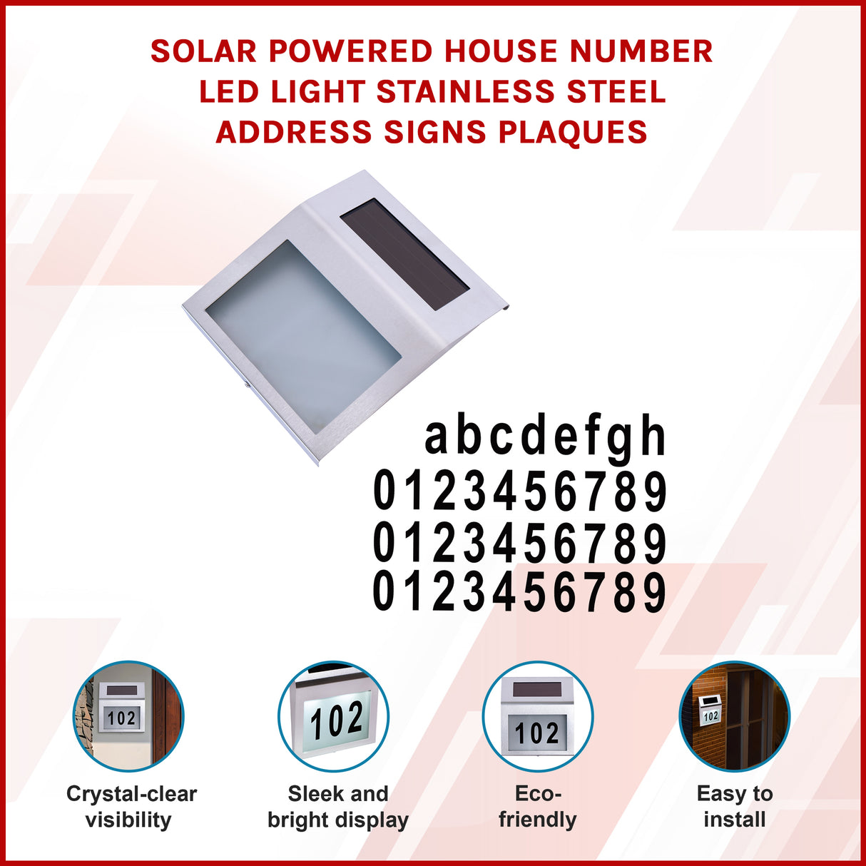 Solar Powered House Number LED Light Stainless Steel Address Signs Plaques