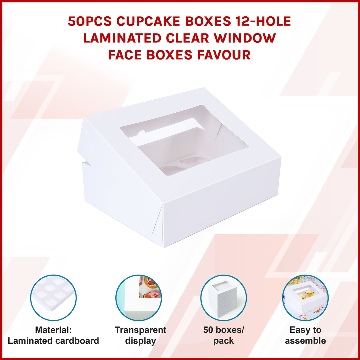 50pcs Cupcake Boxes 12-Hole Laminated Clear Window Face Boxes Favour